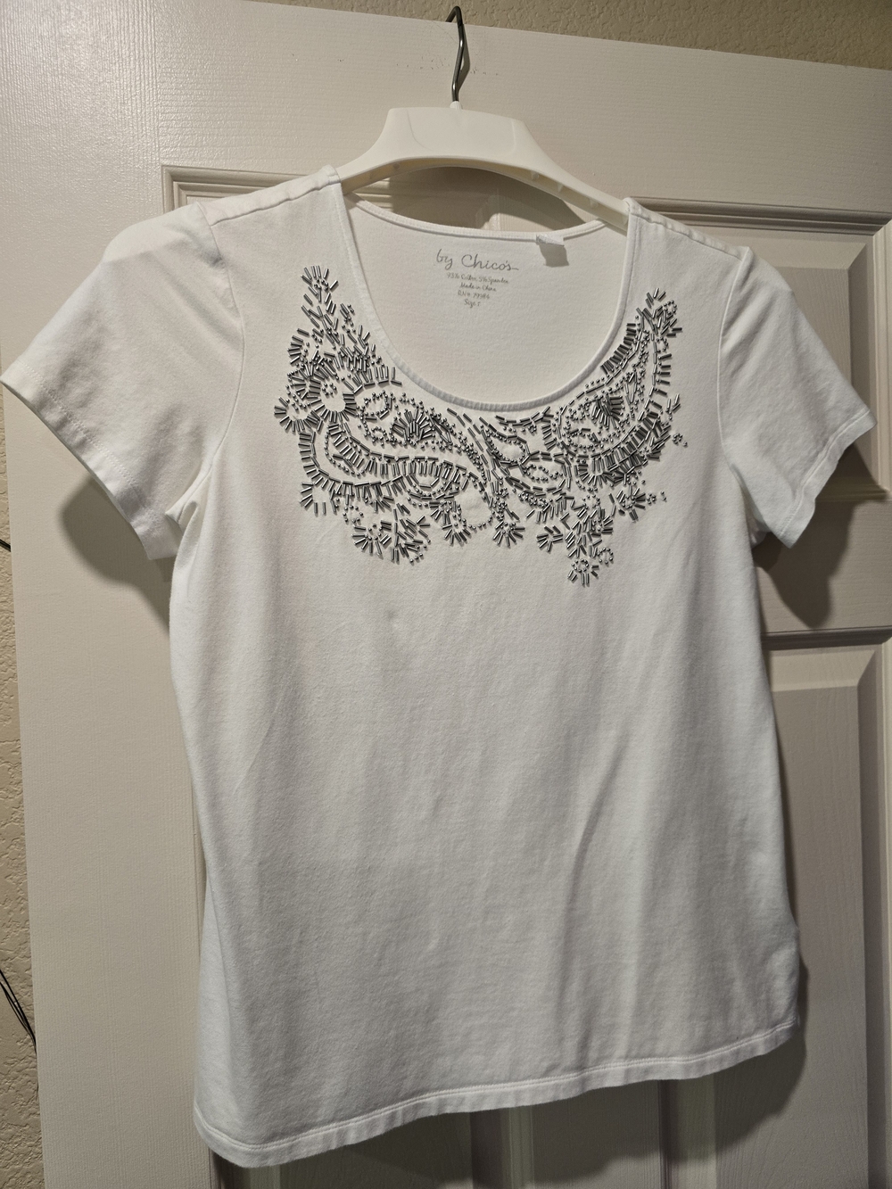 Chico's White Short-Sleeve Scoop Neck Tee with Silver Embellished Neckline
